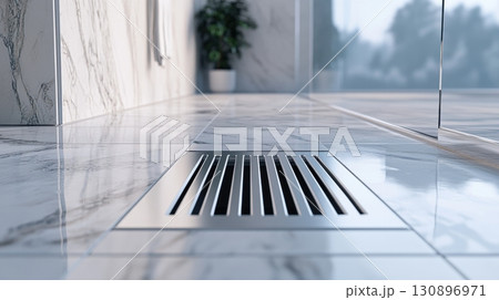Close up of modern shower drain on marble bathroom floor 130896971