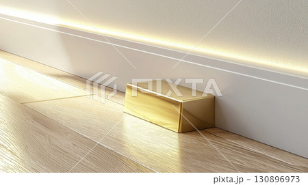 Close up of modern brass doorstop on wooden floor with wall lighting Close up of modern brass doorstop on wooden floor with wall lighting 130896973