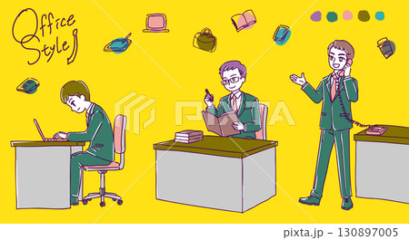 シンプルかわいいオフィスで働く男性たちのイラスト素材 シンプルかわいいオフィスで働く男性たちのイラスト素材 130897005