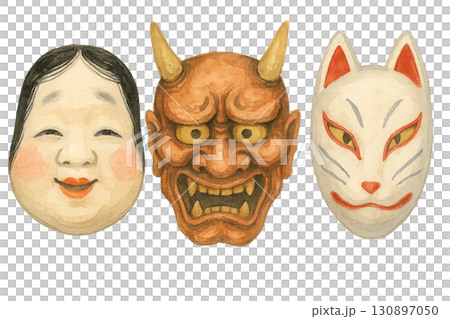 日本傳統面具（能劇面具、鬼面具、狐狸面具）插畫素材 130897050