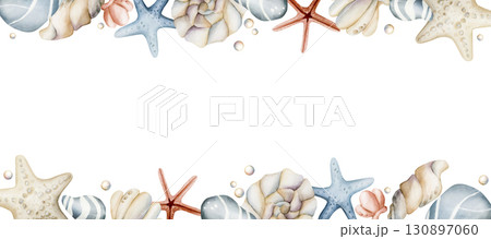 Sea Starfish Shell Pebble Pearls. Ocean underwater marine life. Watercolor hand painted summer isolated illustration on white background Cute pastel for kids baby nursery textile fabric wrapping paper 130897060