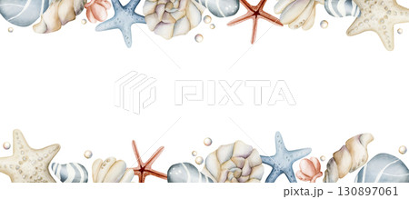 Sea Starfish Shell Pebble Pearls. Ocean underwater marine life. Watercolor hand painted summer isolated illustration on white background Cute pastel for kids baby nursery textile fabric wrapping paper 130897061