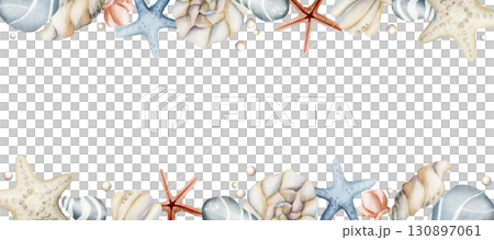 Sea Starfish Shell Pebble Pearls. Ocean underwater marine life. Watercolor hand painted summer isolated illustration on white background Cute pastel for kids baby nursery textile fabric wrapping paper 130897061