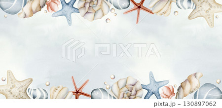 Sea Starfish Shell Pebble Pearls. Ocean underwater marine life. Watercolor hand painted summer isolated illustration on blue background Cute pastel for kids baby nursery textile fabric wrapping paper 130897062