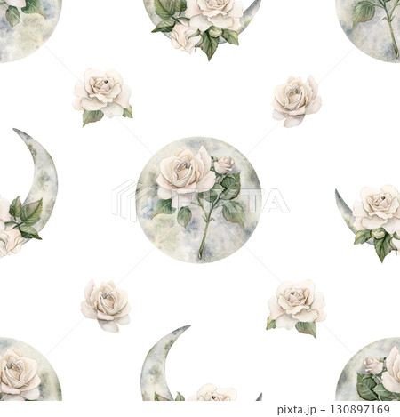 White Roses with Crescent Moons. Watercolor hand painted Victorian floral seamless pattern on white background garden flowers for mystery design home textile fabric crockery table cloth wrapping paper White Roses with Crescent Moons. Watercolor hand painted Victorian floral seamless pattern on white background garden flowers for mystery design home textile fabric crockery table cloth wrapping paper 130897169