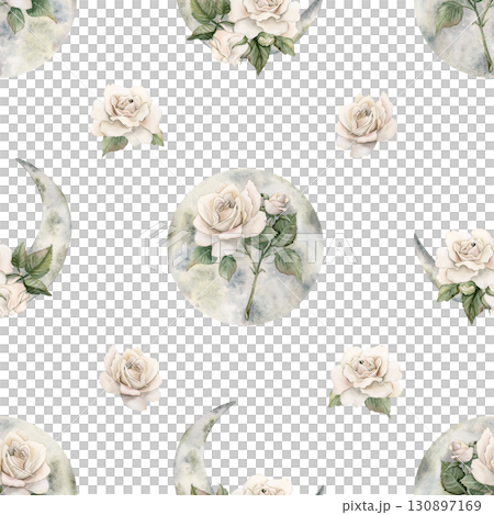White Roses with Crescent Moons. Watercolor hand painted Victorian floral seamless pattern on white background garden flowers for mystery design home textile fabric crockery table cloth wrapping paper White Roses with Crescent Moons. Watercolor hand painted Victorian floral seamless pattern on white background garden flowers for mystery design home textile fabric crockery table cloth wrapping paper 130897169