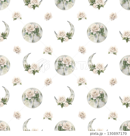 White Roses with Crescent Moons. Watercolor hand painted Victorian floral seamless pattern on white background garden flowers for mystery design home textile fabric crockery table cloth wrapping paper White Roses with Crescent Moons. Watercolor hand painted Victorian floral seamless pattern on white background garden flowers for mystery design home textile fabric crockery table cloth wrapping paper 130897170