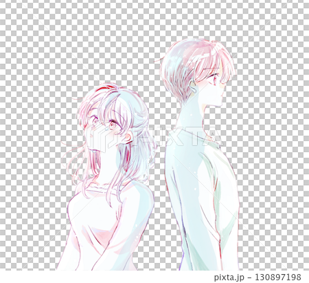 泣いている女性と背中合わせの無表情の男性　上半身 130897198