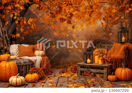 A charming and rustic outdoor scene with pumpkins, warm blankets, and glowing lanterns under a maple tree with beautiful falling leaves. A charming and rustic outdoor scene with pumpkins, warm blankets, and glowing lanterns under a maple tree with beautiful falling leaves. 130897209