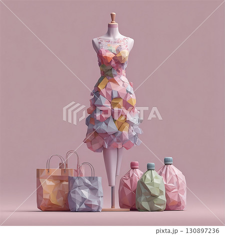 Illustration of a mannequin wearing a colorful dress made of plastic waste, with bags and bottles. Symbol of fast fashion, recycling, and sustainable design. Vector illustration Illustration of a mannequin wearing a colorful dress made of plastic waste, with bags and bottles. Symbol of fast fashion, recycling, and sustainable design. Vector illustration 130897236