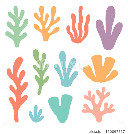 Bright coral and seaweed set. Flat style underwater plants for marine and ocean themes Bright coral and seaweed set. Flat style underwater plants for marine and ocean themes 130897237