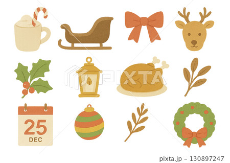 クリスマス素材集：サンタとプレゼントのイラストセット 130897247