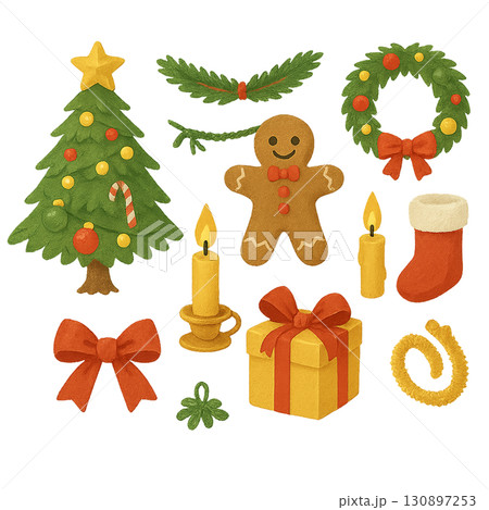 クリスマス素材集：サンタとプレゼントのイラストセット 130897253