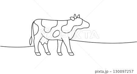 Minimal line art cow walking on hill. Continuous single-line vector with farm and dairy theme for clean modern visuals Minimal line art cow walking on hill. Continuous single-line vector with farm and dairy theme for clean modern visuals 130897257
