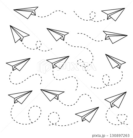 Minimalist paper airplanes with dashed flight paths. Linear black and white doodle set in dynamic motion, symbolizing freedom and travel 130897263