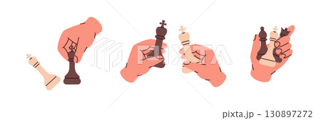 Multiple hands holding different chess kings in various positions representing game flow moves and strategic diversity Multiple hands holding different chess kings in various positions representing game flow moves and strategic diversity 130897272
