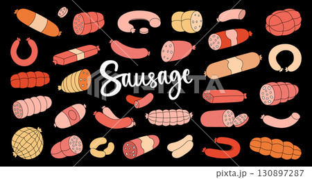 Sausages set. Smoked sausages. Butchery menu design template for food market, ecommerce, products promotion. Vector illustration. Sausages set. Smoked sausages. Butchery menu design template for food market, ecommerce, products promotion. Vector illustration. 130897287