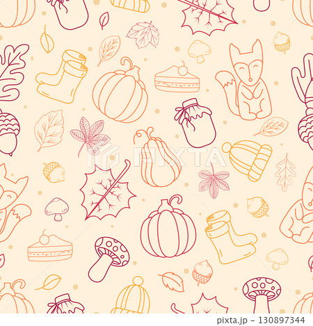 Autumn Seamless Pattern with Pumpkins, Leaves, Fox and Mushrooms Autumn Seamless Pattern with Pumpkins, Leaves, Fox and Mushrooms 130897344