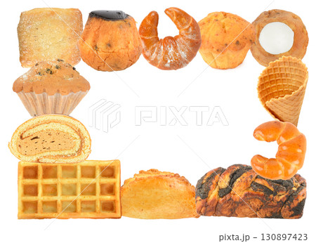 A Variety Of Baked Goods Arranged In A Rectangular Frame With A Blank White Space In The Center. 130897423