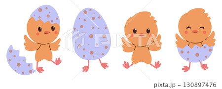Easter, spring. Cute baby chicks hatching from spotted eggs set. Adorable little chickens in different poses. Funny farm animals for Easter, spring, kids, nursery illustrations 130897476