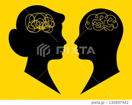 Silhouette illustration of man and woman heads with abstract brain lines representing different thinking process, communication, psychology, gender concept, mental health, black yellow contrast design 130897482