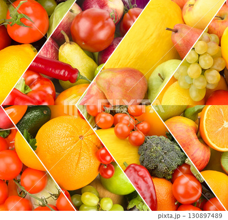 Assorted fresh fruits and vegetables in a vibrant collage. 130897489