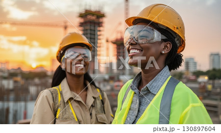 African women engineers smiling on urban construction site at sunset in safety gear 130897604