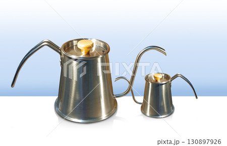 side view two large and small Stainless steel kettle, stainless steel lid and wooden on white floor, gradient blue and white background, object, decor, fashion, kitchen, copy space 130897926