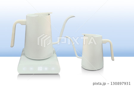 side view white electric kettle on a white electric stove and side view small white electric kettle on white floor, gradient white and blue wall background, technology, object, electric , copy space 130897931