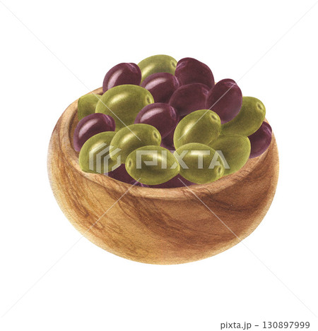 Drawing of ripe green and black olives in a wooden bowl. Watercolor illustration for cookbooks, recipes for canning and cooking organic products, agricultural exhibitions. 130897999