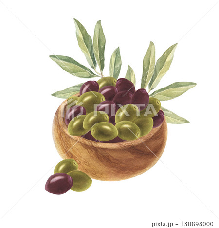 Drawing of ripe green and black olives in a wooden bowl. Watercolor illustration for cookbooks, recipes for canning and cooking organic products, agricultural exhibitions. 130898000