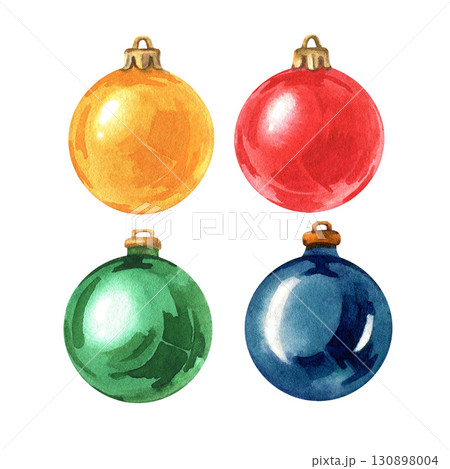 Watercolor illustration. Multicolored shiny Christmas tree balls, isolated. For decorating Christmas tree, home, cards. 130898004