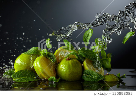 Limes and fresh mint branches with water splashes. Limes and fresh mint branches with water splashes. 130898083