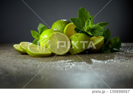 Lime slices and fresh mint branches on a stone table. 130898087