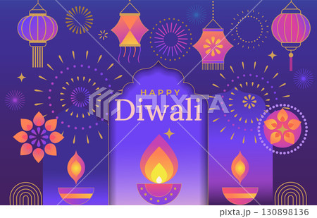 Happy Diwali greeting card, festival banner with symbols of holiday-mandala, candle with fire, lanterns, fireworks. Template design with diya lamp for web, social media, poster. Vector illustration 130898136