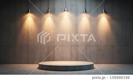 Minimalist stage setup featuring spotlights on a concrete podium in a modern interior space Minimalist stage setup featuring spotlights on a concrete podium in a modern interior space 130898198