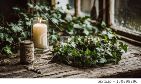 Rustic scene with a handmade ivy wreath on an old wooden table 130898296