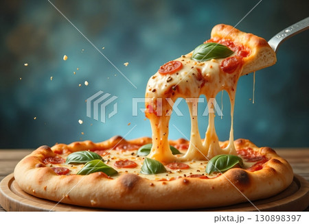 Delicious pizza with a golden crust and aromatic spices 130898397