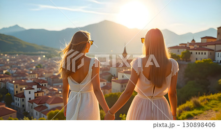 Friends enjoy sunset view over charming village with mountain backdrop holding hands and making memories 130898406