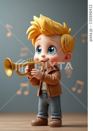 Cute animated child playing a trumpet surrounded by musical notes in a playful setting indoors 130898412
