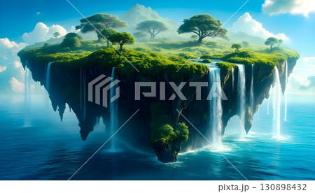 Floating island with lush greenery and cascading waterfalls in a serene blue sky setting Floating island with lush greenery and cascading waterfalls in a serene blue sky setting 130898432