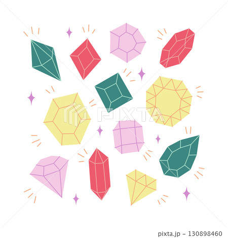 Colorful Gemstone and Crystal Illustration with Sparkling Faceted Shapes 130898460
