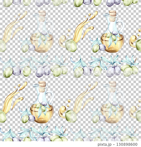 Seamless pattern of olives and olive oil illustrating Italian cuisine and nature creating a beautiful background for wallpaper or other designs Seamless pattern of olives and olive oil illustrating Italian cuisine and nature creating a beautiful background for wallpaper or other designs 130898600