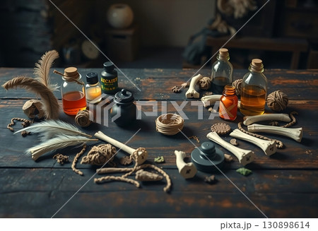 Black witch cauldron with bones and magic feathers 130898614