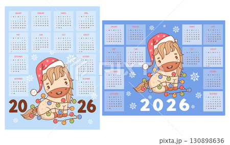 2026 calendar. Cute Christmas Horse in Santa hat with Garland. New Year animal. Vector vertical and horizontal annual template 12 months in English. Week on Sunday. Symbol Year in Eastern calendar 130898636
