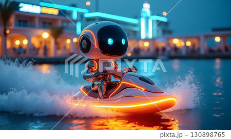 Robot races across water on jet ski during vibrant evening at coastal resort with lights reflecting on the water 130898765