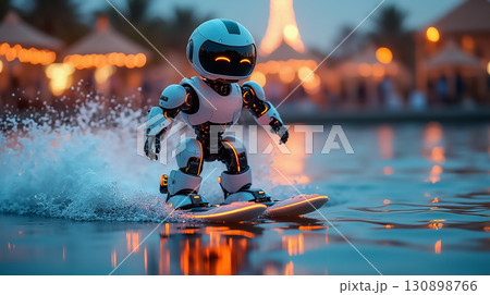 Robot dances on water while water skiing at a festive evening event by the beach with colorful lights in the background 130898766