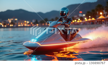 Robot riding futuristic jet ski on calm water at sunset with city lights in the background 130898767