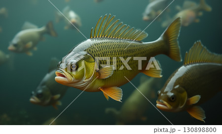 Colorful fish swim gracefully in a tranquil underwater environment in a freshwater lake during the early morning hours 130898800