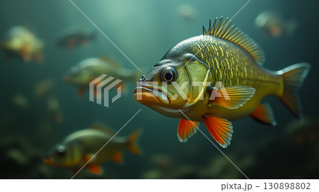 Vibrant freshwater fish swimming in a tranquil underwater environment during daylight 130898802